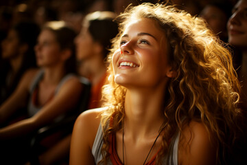 Fototapeta premium Against the background of many people, a happy woman looks relaxed and smiling, reflecting her dreams and positive emotions.
