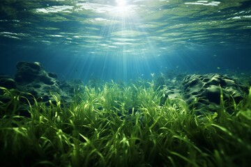 Fototapeta na wymiar Underwater view of a group of seabed with green seagrass