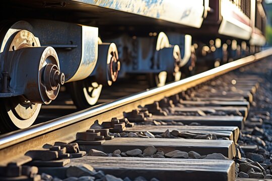 close-up of train wheels on shiny rails