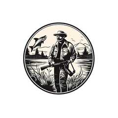 fishing and hunting icon, logo design illustration silhouette - obrazy, fototapety, plakaty