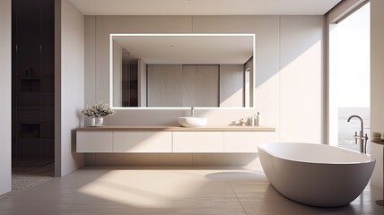 a mirror in a simple bathroom, designed in a modern minimalist style. Emphasize clean lines, uncluttered spaces, and the subtle elegance of a well-curated minimalist interior.