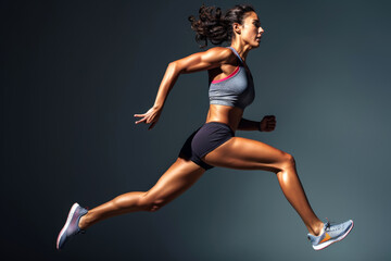 Fototapeta na wymiar Sportswoman running and doing strength training in a studio