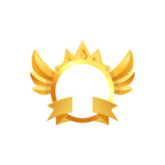 Golden medal, award badge with wings and crown, vector level achievement empty round metal frame for game gui interface