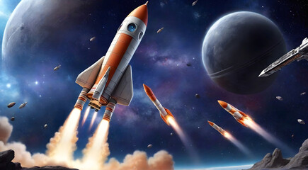 Naklejka premium Rocket flying through space