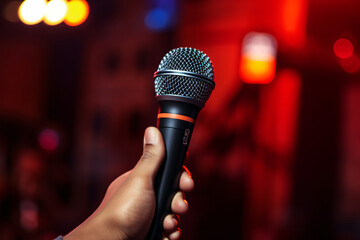 close up hand holding microphone on background