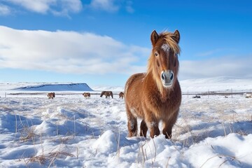 icelandic horse in a snow-covered field - obrazy, fototapety, plakaty