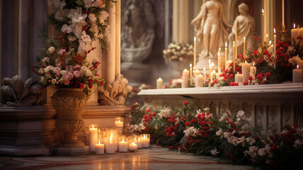 Christmas service beautiful church orthodox catholic decoration with burning candles, flowers....