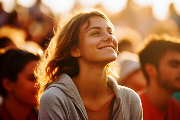 A woman with a smile, full of happiness, stands among a crowd of people, expressing her dreams and feeling joy.