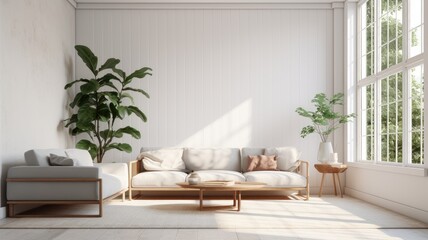 a minimalist interior with a realistic photo showcasing a living room. Feature a soft sofa, coffee table, lamp, and greenery bathed in ample lighting.