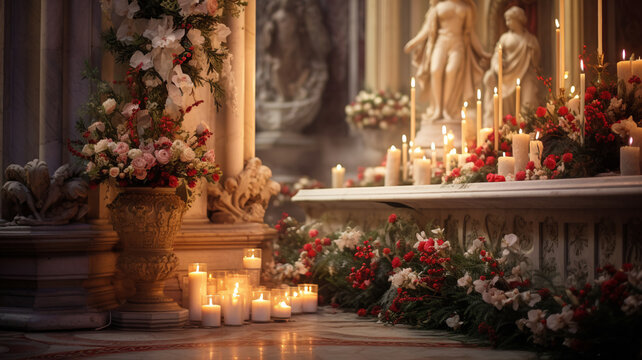 Christmas service beautiful church orthodox catholic decoration with burning candles, flowers. Ancient vintage old architecture.
