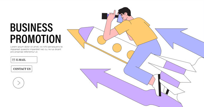 Businessman riding rocket on arrow through obstacles to his goal. Business development, career success or growth and opportunity, startup concept banner, landing web page. Creative trendy character.