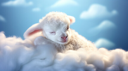 A cute little lamb is sitting on a cloud. Generative AI