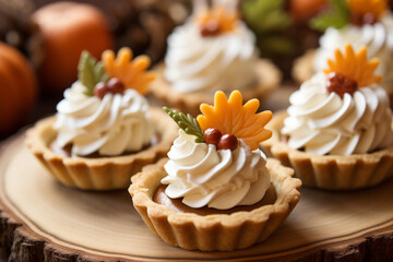 Obraz na płótnie Canvas Mini pumpkin pies for Thanksgiving with leaves and pumpkin garnishes and whipped cream