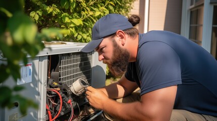Male worker in a cap repairing an air conditioner or heat pump outdoors on hot summer day outdoors