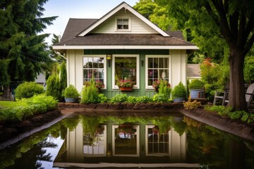 Fototapeta na wymiar ivy-framed cottage reflecting in a glossy pond