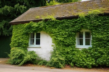 Fototapeta na wymiar dense ivy foliage set against a beige cottage wall