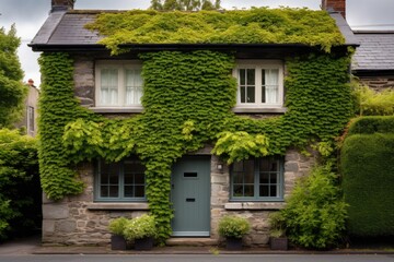 Fototapeta na wymiar stone cottage facade partially concealed by green ivy