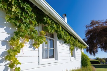 ivy climbing up the side of a modern white cottage
