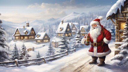 Santa Claus carrying a turkey, strolling along a scenic snowy path in a quaint village, the charm and warmth of Christmas traditions in a visually enchanting composition.