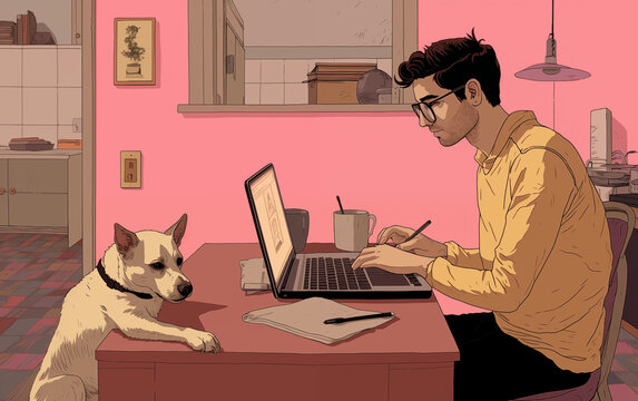 Man in Home Office with Dog: Man Working or Studying on Laptop with His Dog by the Table. Working Remote.