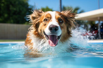 dog learn swimming at pool - obrazy, fototapety, plakaty