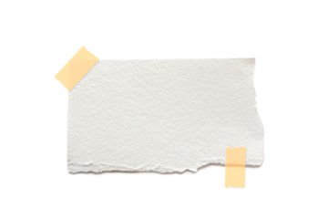 White Ripped Piece of Paper isolated. Top View of Blank Adhesive Paper Tag. Blank Note with Copy Space for Text or Image. transparent background. paper with adhesive tape