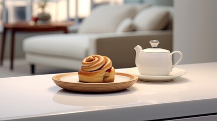 Obraz na płótnie Canvas a delicious Cinnabon and a cup of coffee, elegantly placed on the kitchen countertop, the scene against the backdrop of a minimalist interior with modern furniture.