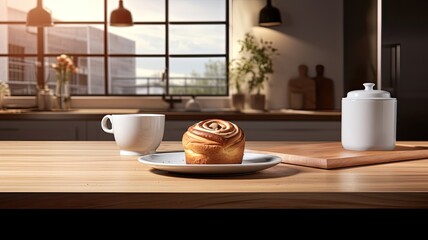 Fototapeta na wymiar a delicious Cinnabon and a cup of coffee, elegantly placed on the kitchen countertop, the scene against the backdrop of a minimalist interior with modern furniture.