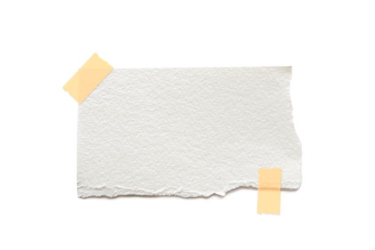 White Ripped Piece of Paper isolated. Top View of Blank Adhesive Paper Tag. Blank Note with Copy Space for Text or Image. transparent background. paper with adhesive tape