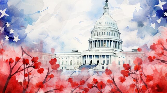 watercolor illustration of Washington DC Capitol dome detail with waving american flag and poppies red flowers. Remembrance and armistice day,  Memorial Day , Independence Day