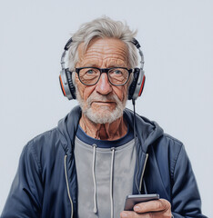 Smutny starszy mężczyzna, 70+  w okularach ze słuchawkami na uszach. - obrazy, fototapety, plakaty