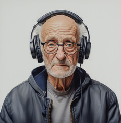 Smutny, starszy mężczyzna w okularach ze słuchawkami na uszach. - obrazy, fototapety, plakaty
