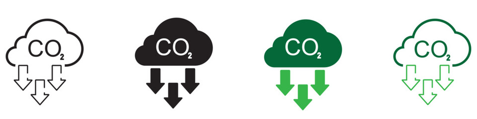 CO2 emission, reduction, neutrality concept vector flat icon set. Carbon dioxide zero footprint, carbon gas air pollution protection, ecology environment CO2 green clouds for your designs.