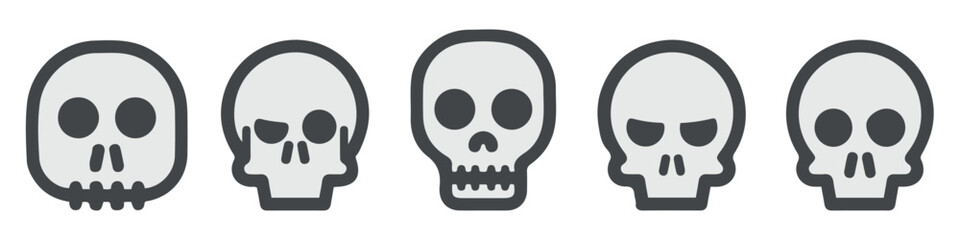 Vector Black Skull Icon Set Isolated. Skulls Collection with Outline in Front View. Hand Drawn Skull Head Design Template
