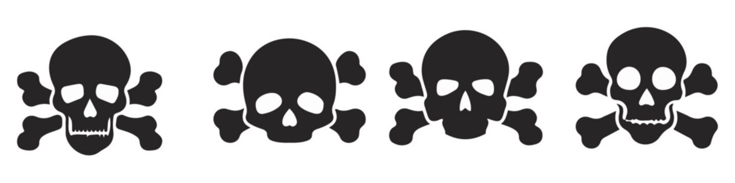 Vector Black Skull Icon Set Isolated. Skulls Collection with Outline in Front View. Hand Drawn Skull Head Design Template