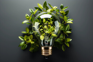 Eco light bulb gray blurred background, concept of renewable energy saving and environmental sustainability