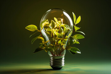 Eco light bulb green blurred background, concept of renewable energy saving and environmental sustainability