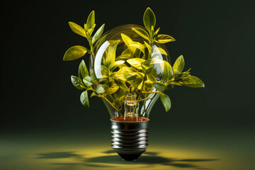 Eco light bulb green blurred background, concept of renewable energy saving and environmental sustainability