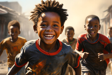 Poor african boys running along a street - obrazy, fototapety, plakaty