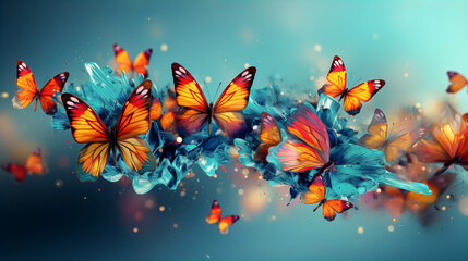 Abstract colorful background with blue and orange butterflies. Generative AI technology.