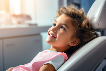 Smiling girl sitting on a dental chair in a clinic - obrazy, fototapety, plakaty