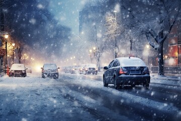 evening city. snowstorm. car in winter road