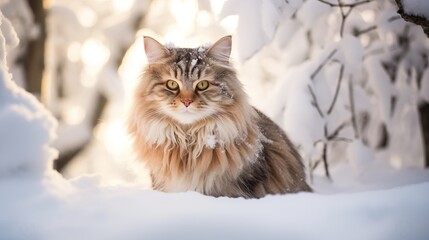 A cat looking funny with snow all over her face sitting on a field covered in snow looking up, generative ai