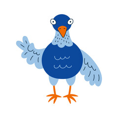 Funny pigeon cartoon vector illustration. Hand-drawn vibrant colored blue bird character showing peace gesture. Full body art in doodle style for kids.