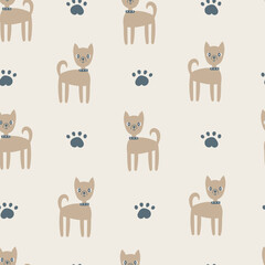 Pastel dog seamless pattern. Modern hand drawn doggy repeat vector illustration with cute little puppy in collar and paw prints. Beige colored childish design