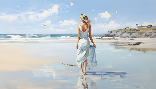 Frau im Sommerkleid l&auml;uft den Strand entlang / Sommer Poster / Urlaubs Wallpaper / Ai-Ki generiert