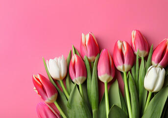 Fototapeta premium Beautiful tulips lay on pink background