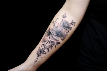 Intricate Tattoo Details: A realistic portrayal zooming in on small tattoos on a woman's arm, highlighting finesse, intricate patterns, and personal significance in each diminutive design - obrazy, fototapety, plakaty