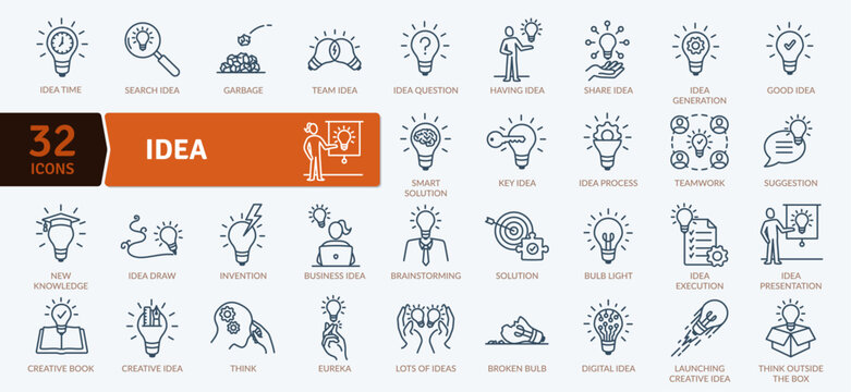 Idea icons pack. Idea may apply to a mental image or formulation of something seen or known or imagined