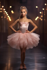 Fototapeta premium Pretty young ballerina child girl - Caucasian blond child - wearing a pink salmon dress